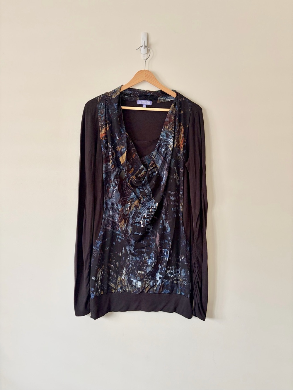 Y2K Vivienne Tam Black Tunic Top with Blue and Brown Abstract Trim